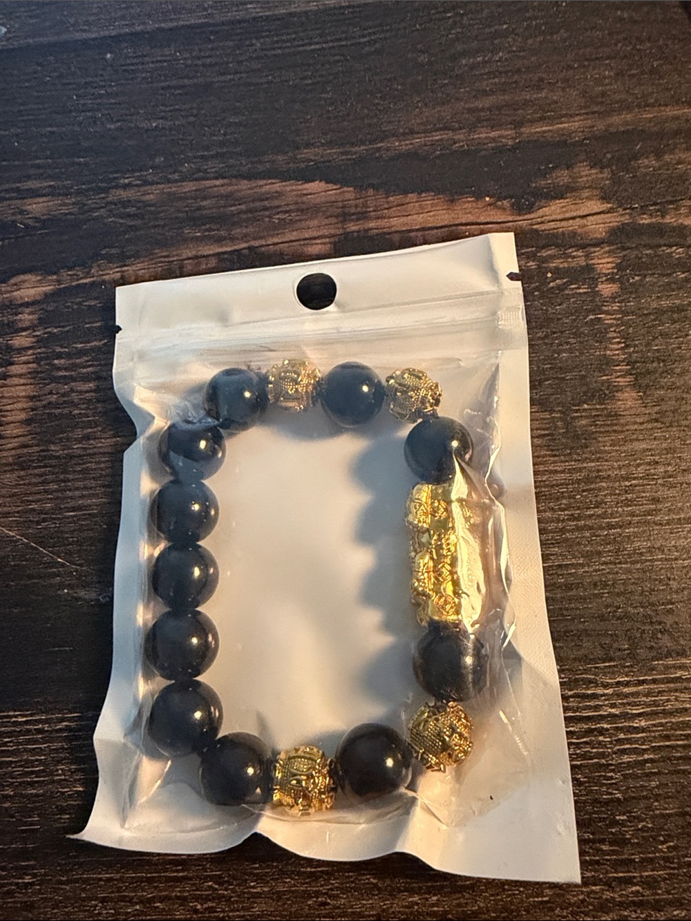 Black and Gold Beaded one dragon Stretch Bracelet